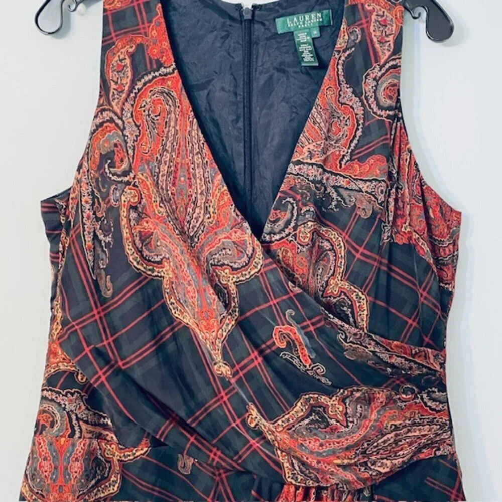 Lauren Ralph Lauren Silk Dress Paisley Plaid Wrap Style Midi Sleeveless 14